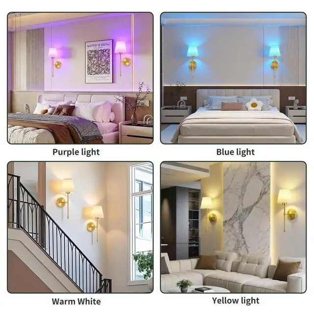 Alt view image 7 of 7 - Battery Operated Wall Sconces Set of 2, Wireless Battery Wall Light | with 5200mAh Dimmable Bulbs with Remote,RGB15 Colors Wireless Wall Lamps for Bedroom Living Room Hallway Decor-Brass Gold