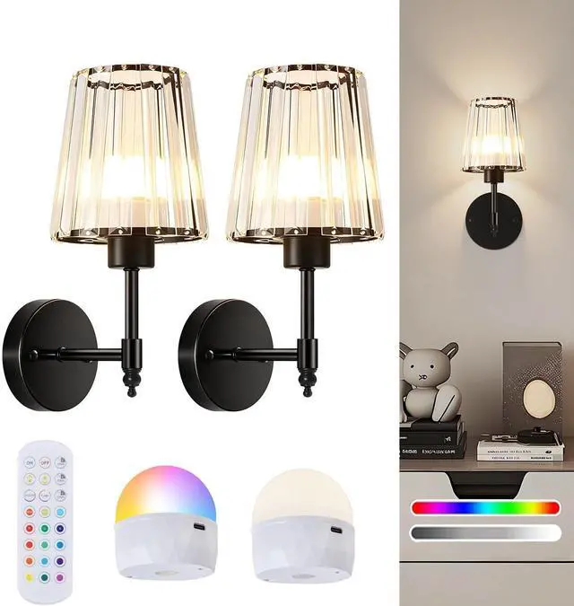 Main image of Battery Operated Wall Sconce Set of 2, Rechargeable Wireless Wall Lights | with 5200mAh Dimmable Bulbs and Remote,15 Colors Wireless Wall Lamps for Bedroom Living Room Hallway Decor-Clear black