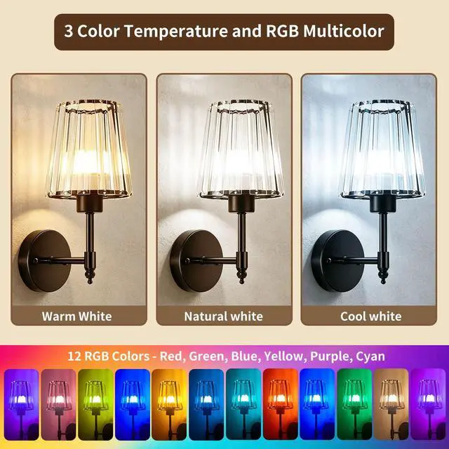 Alt view image 2 of 7 - Battery Operated Wall Sconce Set of 2, Rechargeable Wireless Wall Lights | with 5200mAh Dimmable Bulbs and Remote,15 Colors Wireless Wall Lamps for Bedroom Living Room Hallway Decor-Clear black