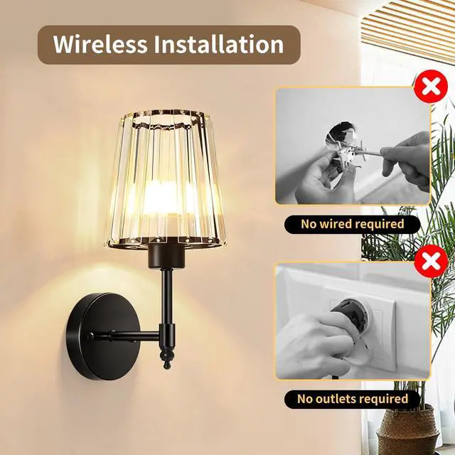 Alt view image 5 of 7 - Battery Operated Wall Sconce Set of 2, Rechargeable Wireless Wall Lights | with 5200mAh Dimmable Bulbs and Remote,15 Colors Wireless Wall Lamps for Bedroom Living Room Hallway Decor-Clear black