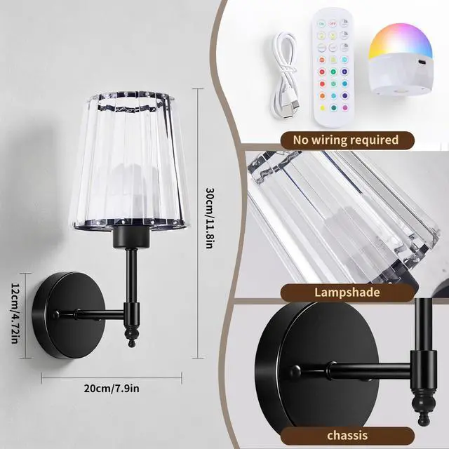 Alt view image 3 of 7 - Battery Operated Wall Sconce Set of 2, Rechargeable Wireless Wall Lights | with 5200mAh Dimmable Bulbs and Remote,15 Colors Wireless Wall Lamps for Bedroom Living Room Hallway Decor-Clear black