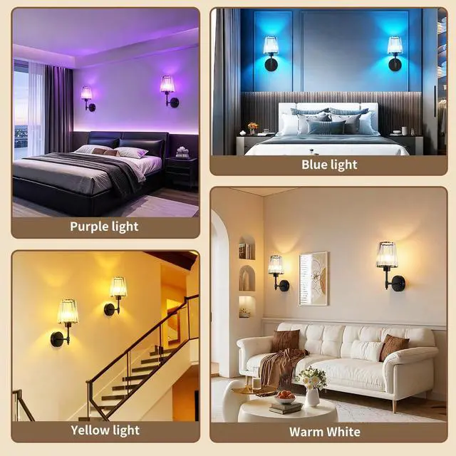 Alt view image 6 of 7 - Battery Operated Wall Sconce Set of 2, Rechargeable Wireless Wall Lights | with 5200mAh Dimmable Bulbs and Remote,15 Colors Wireless Wall Lamps for Bedroom Living Room Hallway Decor-Clear black