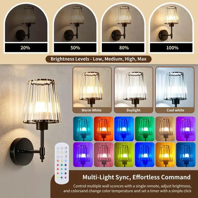 Alt view image 7 of 7 - Battery Operated Wall Sconce Set of 2, Rechargeable Wireless Wall Lights | with 5200mAh Dimmable Bulbs and Remote,15 Colors Wireless Wall Lamps for Bedroom Living Room Hallway Decor-Clear black