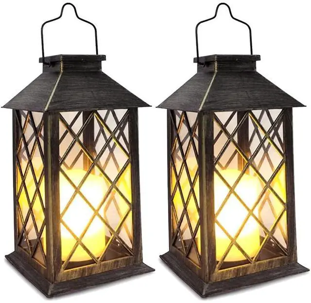 Main image of Solar Lantern,Outdoor Garden Hanging Lanterns,2 Pack 14 Inch Lasts 3X Longer 10 lumens Waterproof LED Flickering Flameless Candle Mission Lights for Table,Outdoor,Party Decorative