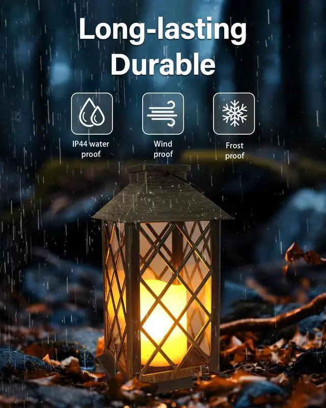 Alt view image 4 of 7 - Solar Lantern,Outdoor Garden Hanging Lanterns,2 Pack 14 Inch Lasts 3X Longer 10 lumens Waterproof LED Flickering Flameless Candle Mission Lights for Table,Outdoor,Party Decorative