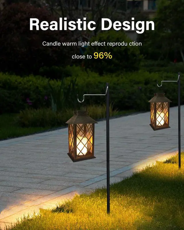 Alt view image 6 of 7 - Solar Lantern,Outdoor Garden Hanging Lanterns,2 Pack 14 Inch Lasts 3X Longer 10 lumens Waterproof LED Flickering Flameless Candle Mission Lights for Table,Outdoor,Party Decorative