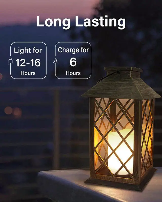 Alt view image 7 of 7 - Solar Lantern,Outdoor Garden Hanging Lanterns,2 Pack 14 Inch Lasts 3X Longer 10 lumens Waterproof LED Flickering Flameless Candle Mission Lights for Table,Outdoor,Party Decorative