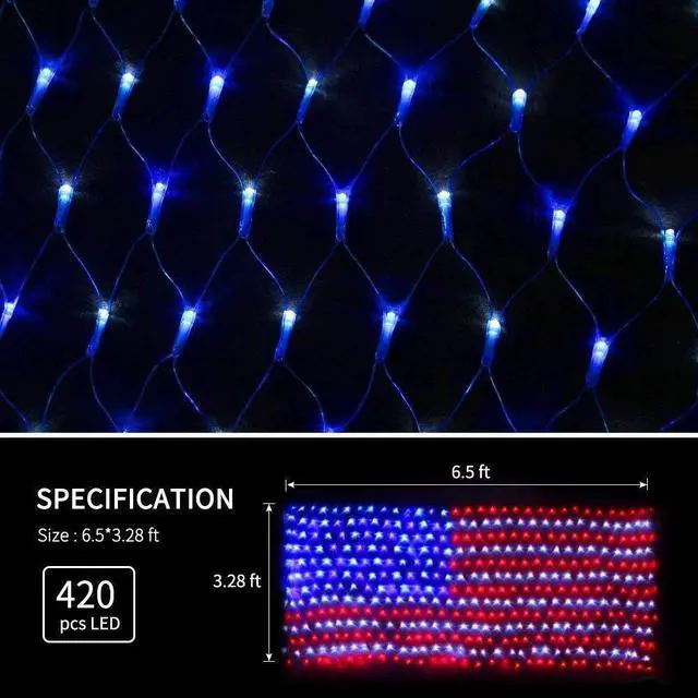 Alt view image 2 of 4 - American Flag String Lights, Waterproof Led Flag Net Light, with 420 Super Bright LED, for Yard Garden Decoration, Festival, Holiday, Party Decoration,Christmas Decorations (Plug in Power)