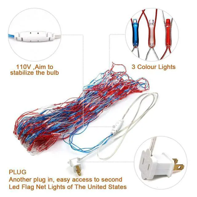 Alt view image 3 of 4 - American Flag String Lights, Waterproof Led Flag Net Light, with 420 Super Bright LED, for Yard Garden Decoration, Festival, Holiday, Party Decoration,Christmas Decorations (Plug in Power)