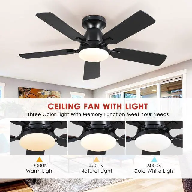 Alt view image 3 of 7 - 46 Inch Ceiling Fans with Lights and Remote, Black Ceiling Fan with Light Flush Mount, Low Noise, Reversible, Dimmable, Modern Low Profile Ceiling Fan with Light for Bedroom Indoor Outdoor