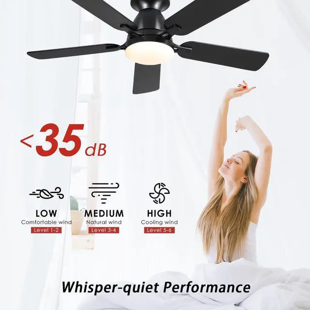 Alt view image 4 of 7 - 46 Inch Ceiling Fans with Lights and Remote, Black Ceiling Fan with Light Flush Mount, Low Noise, Reversible, Dimmable, Modern Low Profile Ceiling Fan with Light for Bedroom Indoor Outdoor