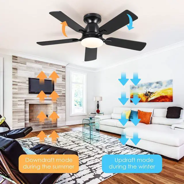 Alt view image 5 of 7 - 46 Inch Ceiling Fans with Lights and Remote, Black Ceiling Fan with Light Flush Mount, Low Noise, Reversible, Dimmable, Modern Low Profile Ceiling Fan with Light for Bedroom Indoor Outdoor