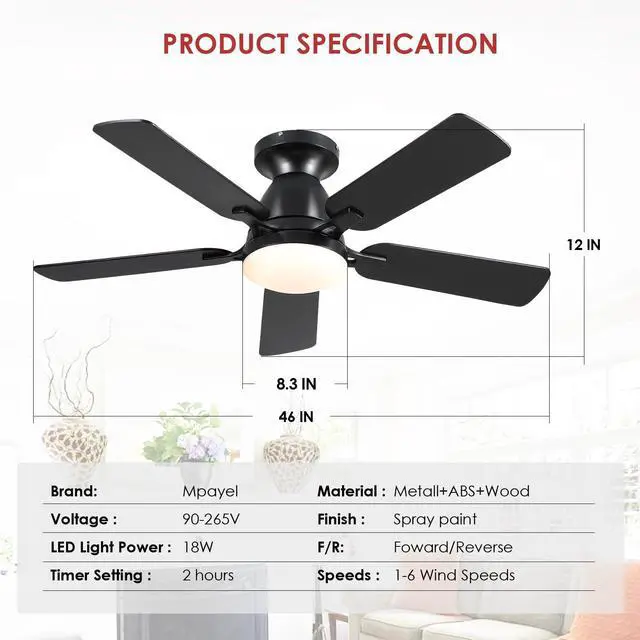 Alt view image 6 of 7 - 46 Inch Ceiling Fans with Lights and Remote, Black Ceiling Fan with Light Flush Mount, Low Noise, Reversible, Dimmable, Modern Low Profile Ceiling Fan with Light for Bedroom Indoor Outdoor