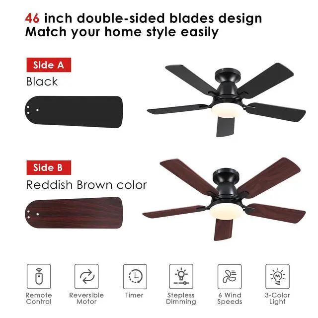Alt view image 7 of 7 - 46 Inch Ceiling Fans with Lights and Remote, Black Ceiling Fan with Light Flush Mount, Low Noise, Reversible, Dimmable, Modern Low Profile Ceiling Fan with Light for Bedroom Indoor Outdoor