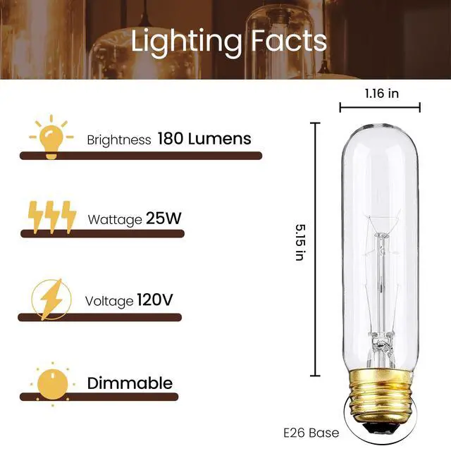 Alt view image 2 of 7 - Edison Light Bulbs,120V, E26 Base, T10 Tubular Bulbs, 25W Clear Incandescent, Warm White, Dimmable Vintage Tubular Style Showcase Bulb (6-Pack)