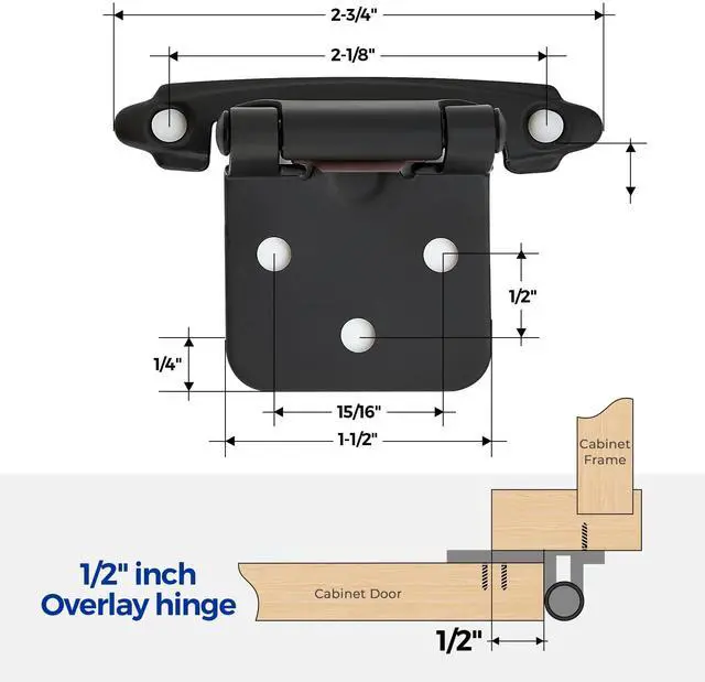 Alt view image 3 of 7 - Black Kitchen Cabinet Hinges, 1/2 Inch Overlay, 50 Pack | Self-Closing Design, Semi Wrap Around Hinge,for Face Frame Cupboard, Matte Black Face Mount Cabinet Hardware,with Screwdriver