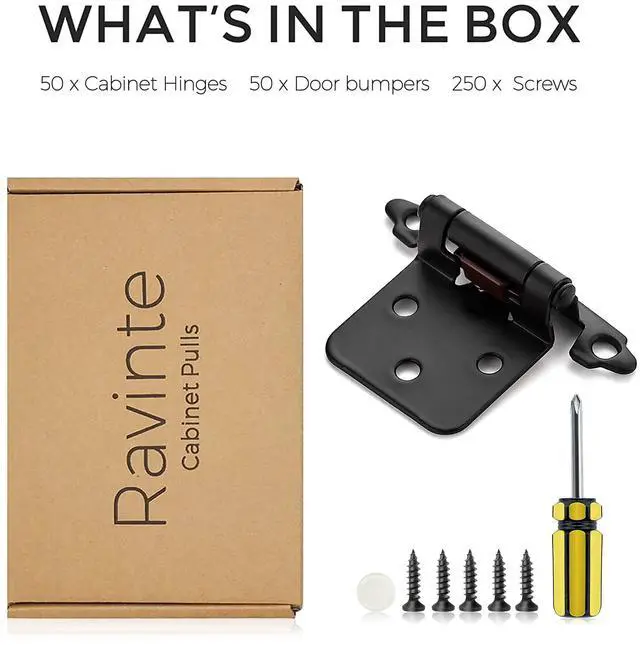 Alt view image 5 of 7 - Black Kitchen Cabinet Hinges, 1/2 Inch Overlay, 50 Pack | Self-Closing Design, Semi Wrap Around Hinge,for Face Frame Cupboard, Matte Black Face Mount Cabinet Hardware,with Screwdriver