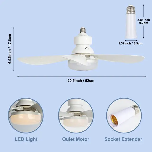 Alt view image 4 of 7 - Socket Fan Light, 20.5IN Light Bulb Fan with Remote Dimmable, Screw in Fan and Light Combo for Garage Kitchen Bedroom Balcony Living Tools Store Laundry Room