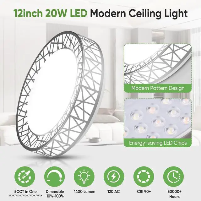 Alt view image 2 of 7 - 12 Inch Bird's Nest Flush Mount Ceiling Light, 20W, 5CCT | 2700K-6500K Selectable, Modern LED Ceiling Light Fixture, Dimmable, for Bedroom, Kitchen, Closet, Brushed Nickel, ETL Listed