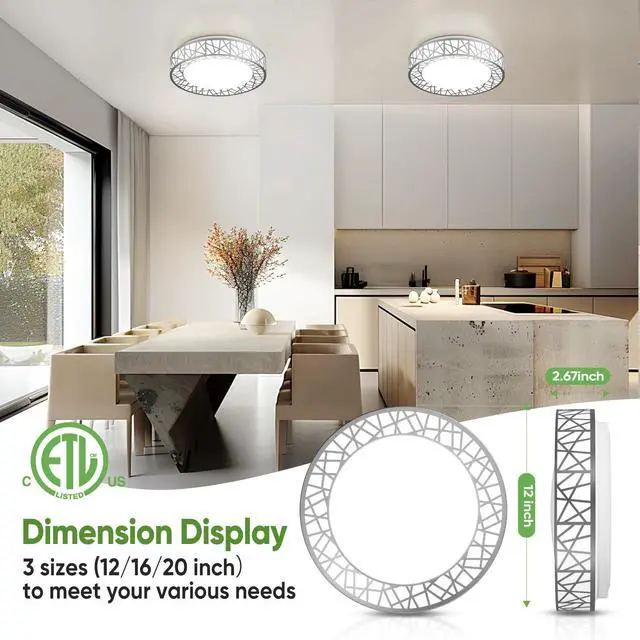 Alt view image 5 of 7 - 12 Inch Bird's Nest Flush Mount Ceiling Light, 20W, 5CCT | 2700K-6500K Selectable, Modern LED Ceiling Light Fixture, Dimmable, for Bedroom, Kitchen, Closet, Brushed Nickel, ETL Listed