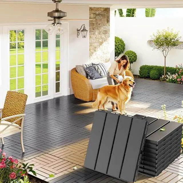 Alt view image 2 of 7 - Plastic Interlocking Deck Tiles, 9 Pack, 12"x12" Each, Dark Grey | Waterproof Outdoor Flooring All Weather Use, Patio Floor Decking Tiles for Porch Poolside Balcony Backyard Concrete