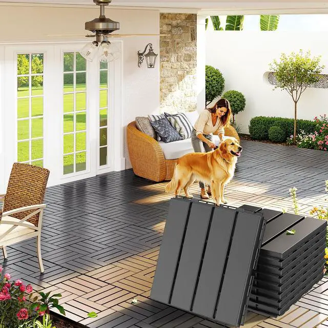 Main image of Plastic Interlocking Deck Tiles, 9 Pack, 12"x12" Each, Dark Grey | Waterproof Outdoor Flooring All Weather Use, Patio Floor Decking Tiles for Porch Poolside Balcony Backyard Concrete