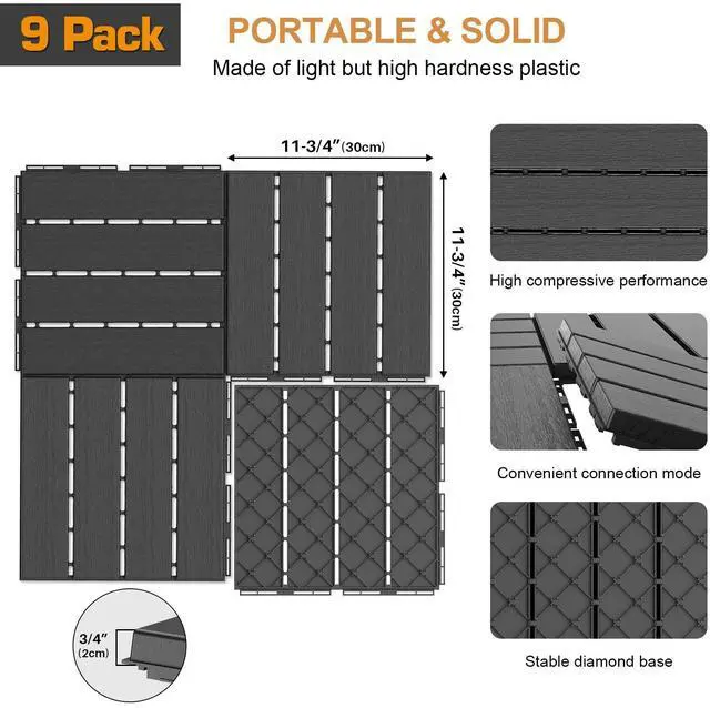 Alt view image 4 of 7 - Plastic Interlocking Deck Tiles, 9 Pack, 12"x12" Each, Dark Grey | Waterproof Outdoor Flooring All Weather Use, Patio Floor Decking Tiles for Porch Poolside Balcony Backyard Concrete