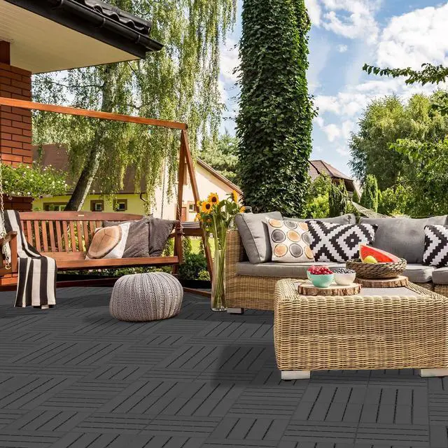 Alt view image 3 of 7 - Plastic Interlocking Deck Tiles, 9 Pack, 12"x12" Each, Dark Grey | Waterproof Outdoor Flooring All Weather Use, Patio Floor Decking Tiles for Porch Poolside Balcony Backyard Concrete