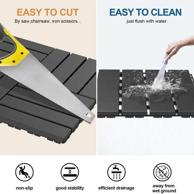 Alt view image 5 of 7 - Plastic Interlocking Deck Tiles, 9 Pack, 12"x12" Each, Dark Grey | Waterproof Outdoor Flooring All Weather Use, Patio Floor Decking Tiles for Porch Poolside Balcony Backyard Concrete