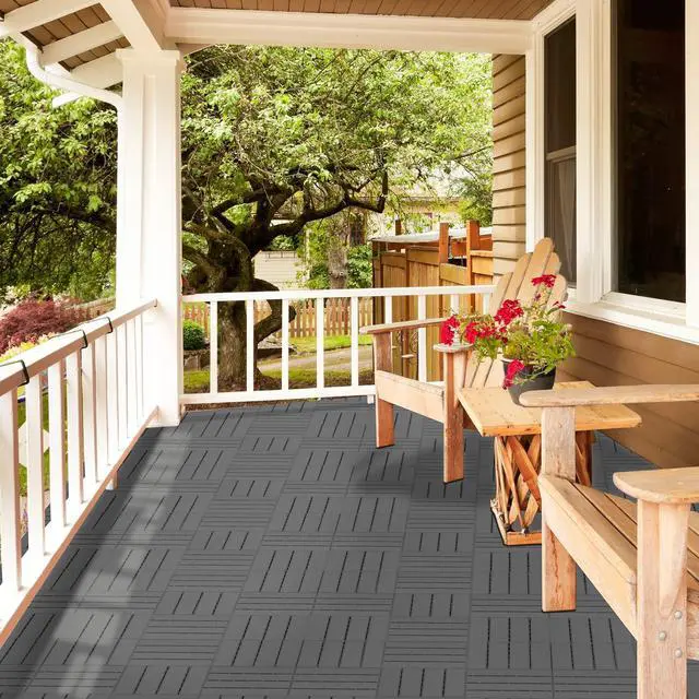 Alt view image 6 of 7 - Plastic Interlocking Deck Tiles, 9 Pack, 12"x12" Each, Dark Grey | Waterproof Outdoor Flooring All Weather Use, Patio Floor Decking Tiles for Porch Poolside Balcony Backyard Concrete