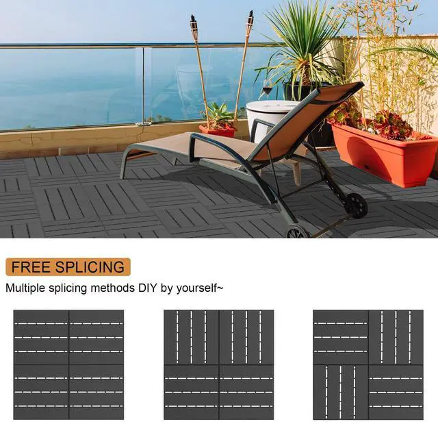 Alt view image 7 of 7 - Plastic Interlocking Deck Tiles, 9 Pack, 12"x12" Each, Dark Grey | Waterproof Outdoor Flooring All Weather Use, Patio Floor Decking Tiles for Porch Poolside Balcony Backyard Concrete