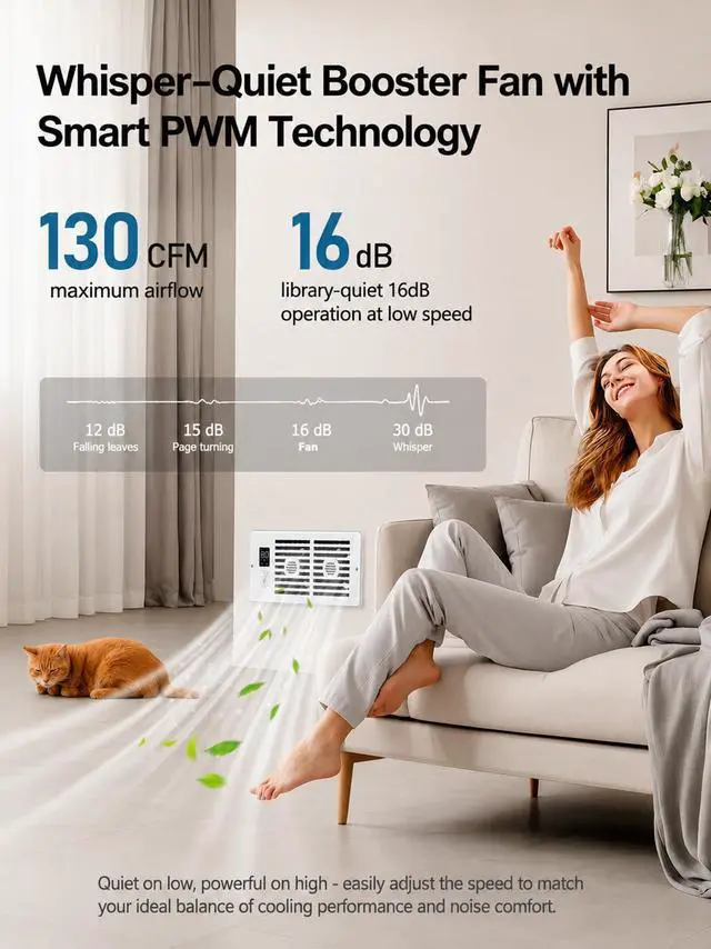 Alt view image 2 of 6 - Quiet Register Booster Fan; for Floor/Wall Registers, 4" x 10" Smart Vent Fan Booster with Auto Thermostat Temperature Control, HVAC Air Vent Fan, Adjustable Speeds, Aromatherapy