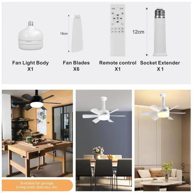 Alt view image 7 of 7 - 2Pack Socket Fan LED Ceiling Lights,18inch APP Control E26 Fans Bulb with Remote & Dimmable LED Ceiling Fan Lights,3Color 3000K-6500K,1800LM Fan Light Bulb Screw in Ceiling(White)