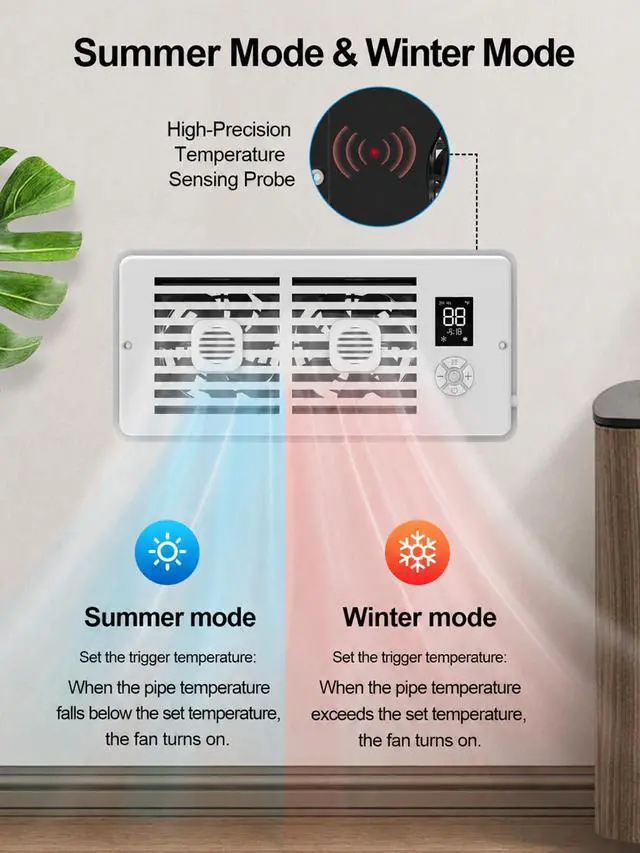 Alt view image 4 of 6 - Quiet Register Booster Fan; for Floor/Wall Registers, 4" x 10" Smart Vent Fan Booster with Auto Thermostat Temperature Control, HVAC Air Vent Fan, Adjustable Speeds, Aromatherapy