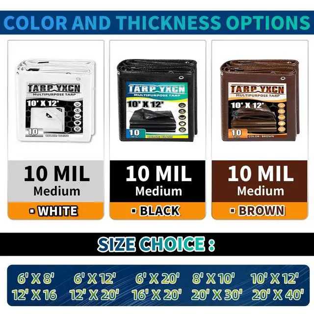 Alt view image 2 of 7 - Black Tarp 10x12 Feet, 10 Mil Thick Waterproof Poly Tarps Cover UV Resistant, Rip & Tear Proof with Metal Grommets Every 20 Inches