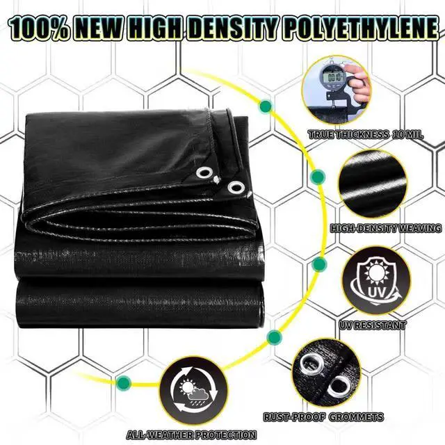 Alt view image 3 of 7 - Black Tarp 10x12 Feet, 10 Mil Thick Waterproof Poly Tarps Cover UV Resistant, Rip & Tear Proof with Metal Grommets Every 20 Inches