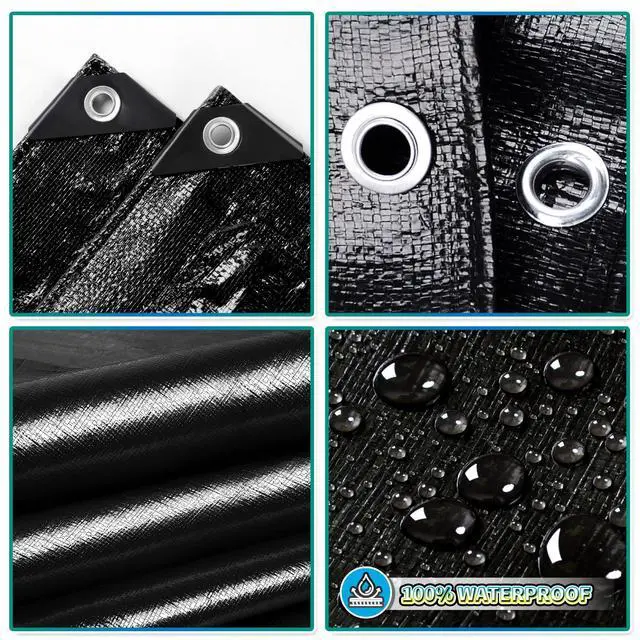 Alt view image 5 of 7 - Black Tarp 10x12 Feet, 10 Mil Thick Waterproof Poly Tarps Cover UV Resistant, Rip & Tear Proof with Metal Grommets Every 20 Inches