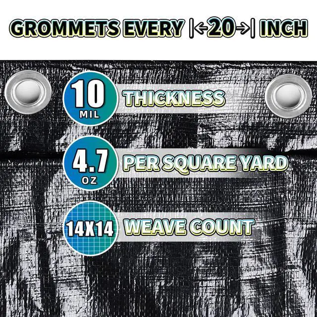 Alt view image 4 of 7 - Black Tarp 10x12 Feet, 10 Mil Thick Waterproof Poly Tarps Cover UV Resistant, Rip & Tear Proof with Metal Grommets Every 20 Inches