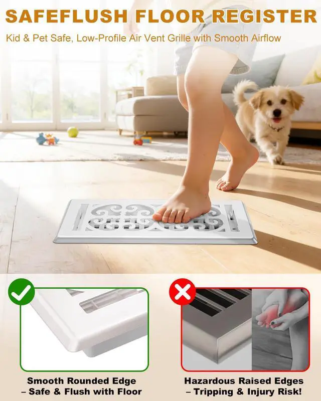 Alt view image 2 of 7 - 4x10 Floor Register Vent Cover Heavy Duty Walkable Floor Vent Covers for Home Floor & Wall - Decorative White Thicker Metal HVAC Floor Vents with Adjustable Airflow Lever - 5 Pack - Scroll Design