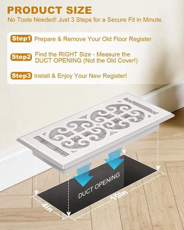 Alt view image 5 of 7 - 4x10 Floor Register Vent Cover Heavy Duty Walkable Floor Vent Covers for Home Floor & Wall - Decorative White Thicker Metal HVAC Floor Vents with Adjustable Airflow Lever - 5 Pack - Scroll Design