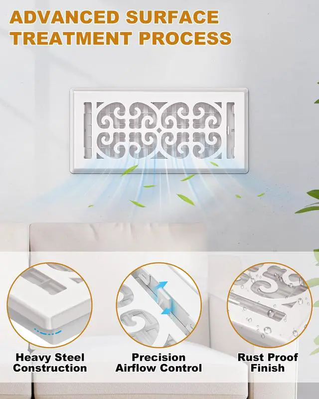 Alt view image 6 of 7 - 4x10 Floor Register Vent Cover Heavy Duty Walkable Floor Vent Covers for Home Floor & Wall - Decorative White Thicker Metal HVAC Floor Vents with Adjustable Airflow Lever - 5 Pack - Scroll Design