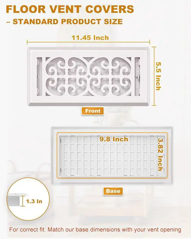 Alt view image 7 of 7 - 4x10 Floor Register Vent Cover Heavy Duty Walkable Floor Vent Covers for Home Floor & Wall - Decorative White Thicker Metal HVAC Floor Vents with Adjustable Airflow Lever - 5 Pack - Scroll Design