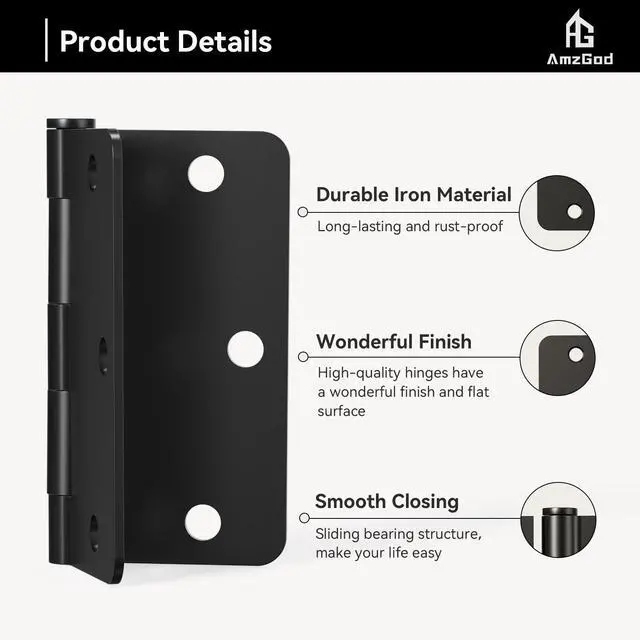Alt view image 5 of 7 - Door Hinges Matte Black - 30 Pack Black Door Hinges 3.5 Inch Rounded Interior Door Hinge with 1/4" Radius Corners - Black Hinges for Doors 3 1/2 Inches Flat Iron Residential Door Hardware