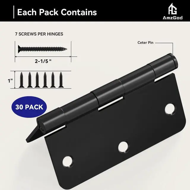 Alt view image 3 of 7 - Door Hinges Matte Black - 30 Pack Black Door Hinges 3.5 Inch Rounded Interior Door Hinge with 1/4" Radius Corners - Black Hinges for Doors 3 1/2 Inches Flat Iron Residential Door Hardware