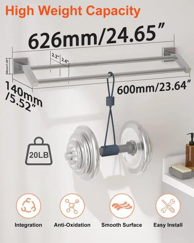 Alt view image 2 of 7 - Double Bath Towel Bar, 24" Towel Racks for Bathroom, Brushed Nickel | SUS304 Stainless Steel Bathroom Towel Holder, Quick Drying Towel Hanger Towel Rod Wall Mounted, Useable Length 22.7"