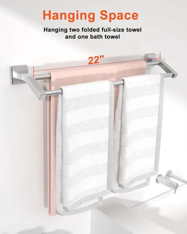 Alt view image 3 of 7 - Double Bath Towel Bar, 24" Towel Racks for Bathroom, Brushed Nickel | SUS304 Stainless Steel Bathroom Towel Holder, Quick Drying Towel Hanger Towel Rod Wall Mounted, Useable Length 22.7"
