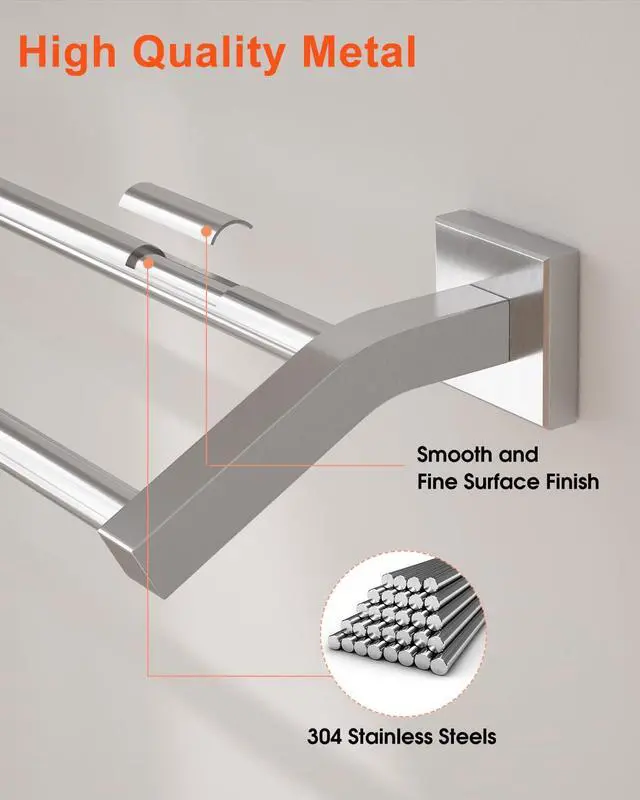 Alt view image 7 of 7 - Double Bath Towel Bar, 24" Towel Racks for Bathroom, Brushed Nickel | SUS304 Stainless Steel Bathroom Towel Holder, Quick Drying Towel Hanger Towel Rod Wall Mounted, Useable Length 22.7"