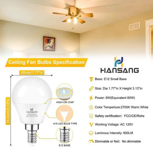 Alt view image 2 of 7 - E12 LED Bulb 60W Equivalent Candelabra Light Bulbs 2700K Warm White | Small Base Light Bulb, 6W A15 LED Ceiling Fan Light Bulbs, CRI85+, 120V 600LM Round Bulb for Chandelier, Non-Dimmable 6 Pack