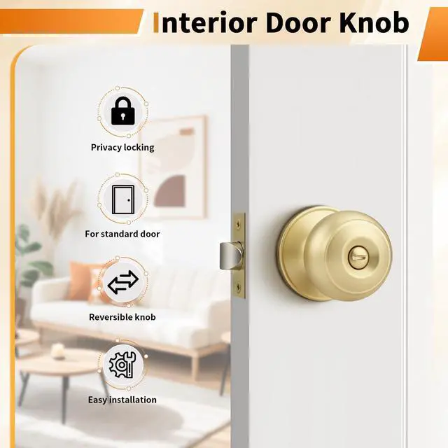 Alt view image 2 of 7 - Brushed Brass Door Knobs for Bedroom Bathroom, Interior Door Knob with Round Ball, Gold Privacy Door Knob, 6 Pack