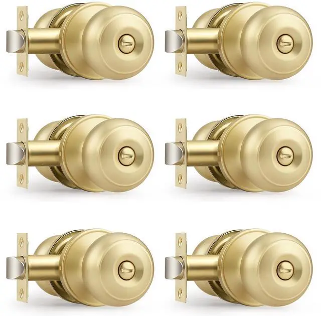 Main image of Brushed Brass Door Knobs for Bedroom Bathroom, Interior Door Knob with Round Ball, Gold Privacy Door Knob, 6 Pack